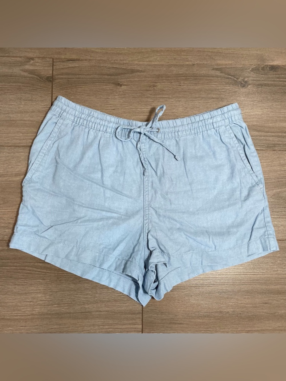 H&M Light Blue Drawstring Linen-Blend Athletic Shorts